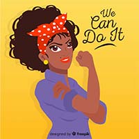 woman flexing her arms with slogan: We Can Do It
